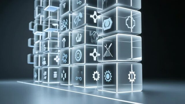 Starting playback panning camera through virtual cubes on reflective floor, spotlighting gear icons