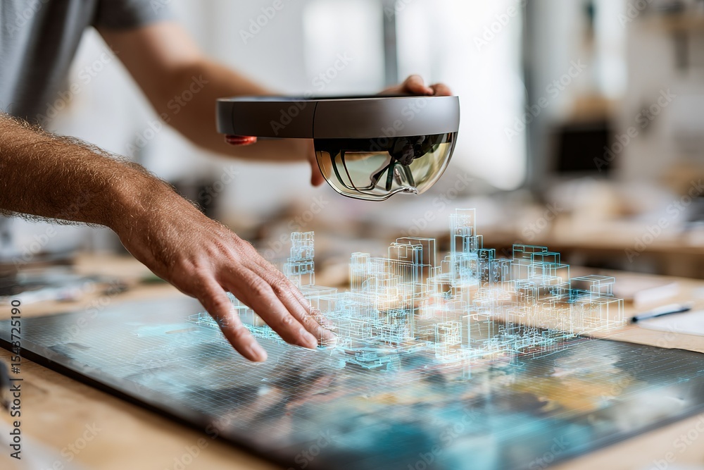 Poster hands interact with augmented reality architecture model in a modern workspace