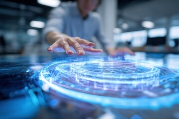 Interactive holographic display for data visualization in a modern office setting during the workday