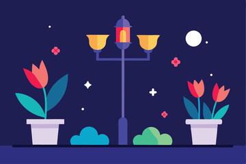 Nighttime Garden Scene with Lantern and Flowers Illustration
