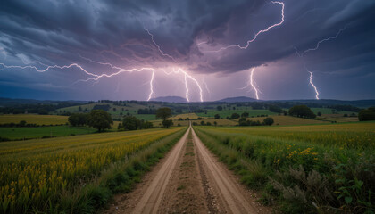 Dramatic lightning storm over a rural landscape with a dirt road.