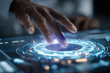 Futuristic hand interaction with holographic interface displaying glowing digital elements