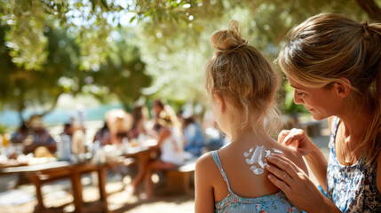 Mother Applying Sunscreen Lotion on Child's Back in a Sunny Outdoor Setting with People in Background