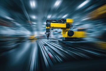 Robotic arm performs precision tasks in a modern manufacturing facility during a busy daytime shift