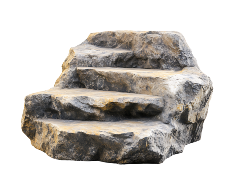 Empty brown rock boulder podium with rough textured surface, display stand for product photography, isolated on transparent background