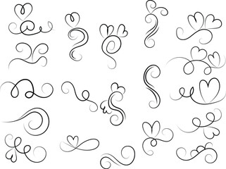 Elegant Flourishes and Swirls with Heart Accents on White Background