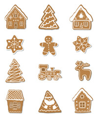 Christmas Cookies Set. Gingerbread Cookie Collection. Gingerbread House, Gingerbread Man, Deer, Santa Claus, Fir Tree, Star, Train. Vector Illustration on White Background