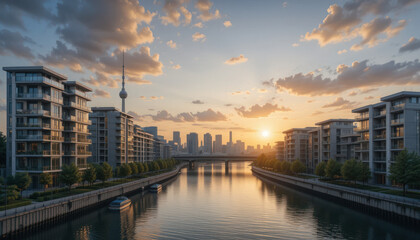 Fototapeta premium Urban landscape featuring a river flowing between buildings towards a city skyline at sunset.