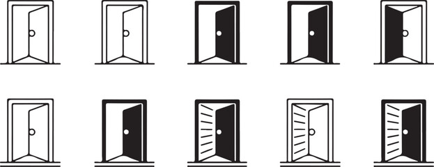 Collection of modern open door icon illustrations in linear and filled styles