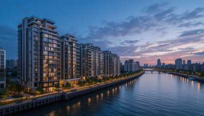 Fototapeta premium Modern apartment buildings line a river at twilight, showcasing urban development.