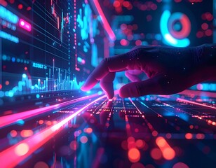 A hand tracing along a neon-lit investment path with pulsing light trails, surrounded by immersive trading data overlays, VR-style financial widgets, and decentralized asset indicators