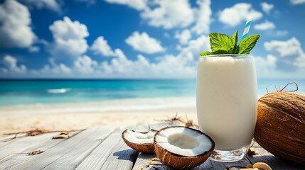 A chilled coconut and mint cooler, with fresh coconut slices, in a tropical beach setting with empty space for text