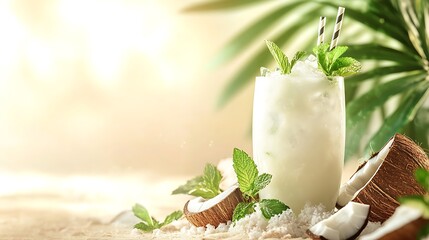 A chilled coconut and mint cooler, with fresh coconut slices, in a tropical beach setting with empty space for text
