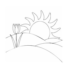 Simple Line Art Sunrise Scene with Tulip Flower vector