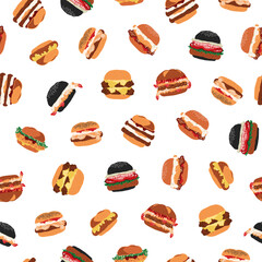 Seamless fast food pattern of burger series, cute mixed burgers in minimal graphic illustration style, vivid colors on a transparent background.