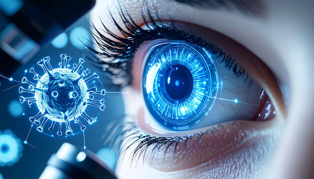 Cybernetic Vision: A futuristic close-up of a human eye enhanced with cybernetic technology, where intricate digital patterns overlay the iris, alongside a virus symbol.