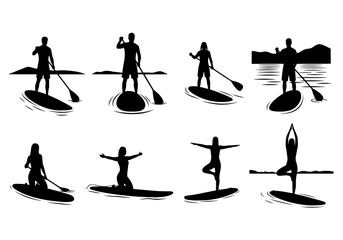 Vector silhouettes of people paddle boarding and doing yoga on a lake isolated on white background