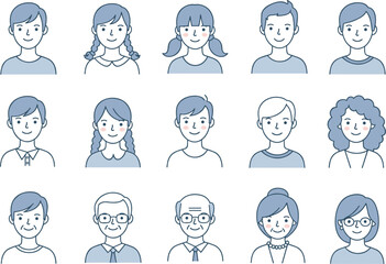 Cartoon avatar collection, diverse character faces, flat icon set, men women children, family members, smiling portraits, hand-drawn style, blue tone