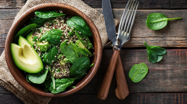 Fresh Spinach and Quinoa Salad with Avocado in Rustic Wooden Bowl on Table - Powered by Adobe