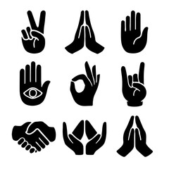 A vector set of diverse human hands, fingers, and gestures, including illustrations of peace signs, heart shapes, fists, and pointing hands