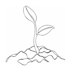 Black Line Art Single Sprout Plant Growing in Soil