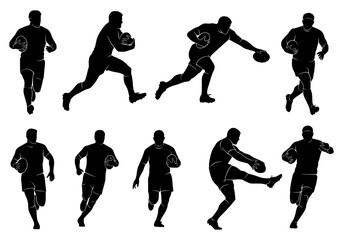 Vector isolated silhouettes of rugby players in various dynamic poses on white background