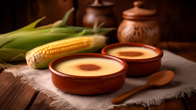 Cural: Traditional Brazilian corn pudding with cinnamon in rustic bowls.