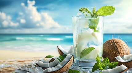 A chilled coconut and mint cooler, with fresh coconut slices, in a tropical beach setting with empty space for text