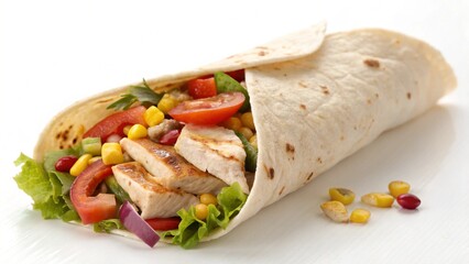 Grilled chicken and vegetable tortilla wrap on white background