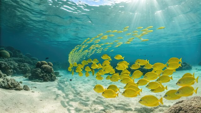 Sunlit underwater scene with schools of yellow fish