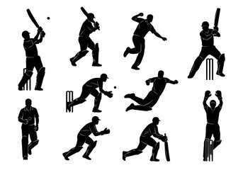 Vector isolated silhouettes of cricket players in various actions on white background