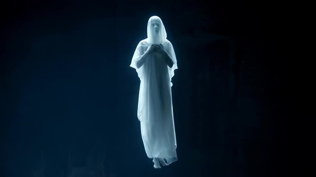 Ethereal figure floating in darkness: mystical transformation and ascension