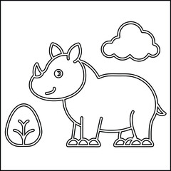 Cartoon rhino with parrot trees and clouds illustration