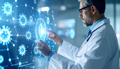 Medical Innovation: A determined doctor, immersed in cutting-edge technology, analyzes intricate digital interfaces, revealing the essence of scientific advancement.