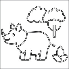 Cartoon rhino and parrot in a landscape setting