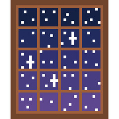 Pixel Window with Starry Night Sky. Pixel art Night sky