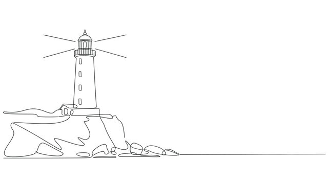 Single line drawing lighthouse on a cliff