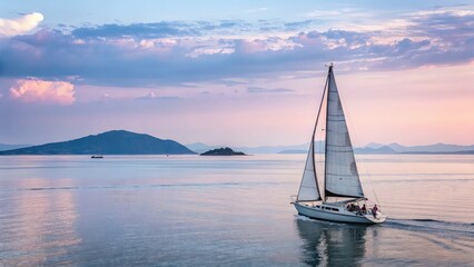 Fototapeta premium Sailboat at sunset on calm ocean waters