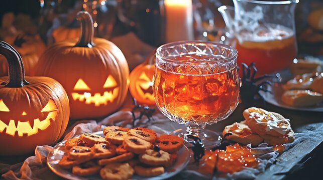 Celebrate autumn season with spooky treats jack o lanterns and festive drinks party table decoration