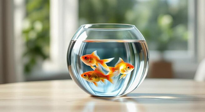 Three golden fish swimming elegantly inside a glass bowl with natural background
