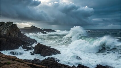 Obraz premium Dramatic ocean waves crashing against rugged coastline