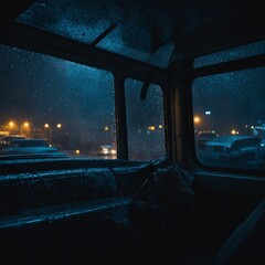 Paint a scene where someone watches city lights through a fogged-up bus window late at night