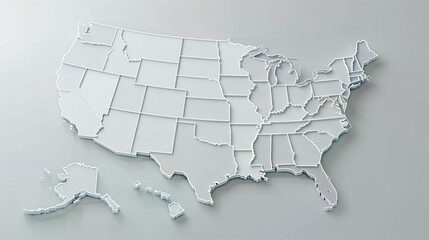 3D representation of the United States map with clearly defined state boundaries, angled to the right on a clean white background. Detailed, modern geographic concept ideal for design, education