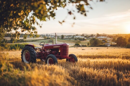vintage red tractor parked in golden wheat field - Powered by Adobe
