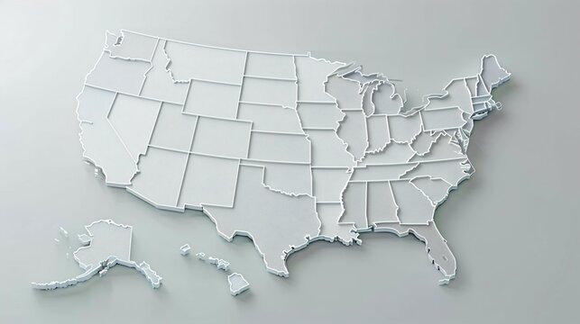 3D representation of the United States map with clearly defined state boundaries, angled to the right on a clean white background. Detailed, modern geographic concept ideal for design, education