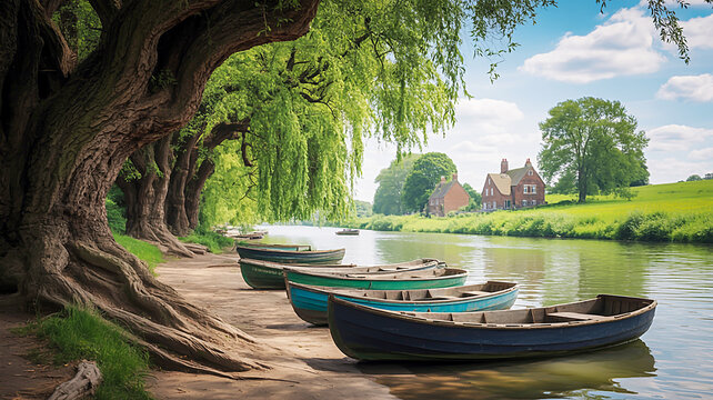 Serene Riverside Retreat: Capturing a row of rustic boats resting on a sandy shore, inviting a moment of tranquility along a peaceful river lined with lush trees and a charming house in the distance.