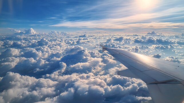 Scenic aerial view from airplane window above clouds on sunny day
