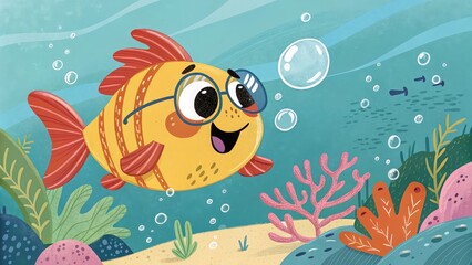Fototapeta premium Happy yellow fish wearing glasses underwater