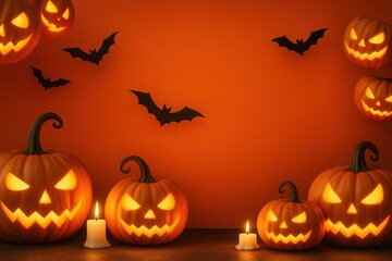 Halloween Scene with Carved Pumpkins, Bats, and Candles on Orange Background for Festive Autumn Season Decor and Holiday Celebration