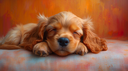 A cocker spaniel puppy is sleeping on a bed with its eyes closed